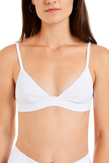 Close up front view of a white swimsuit top