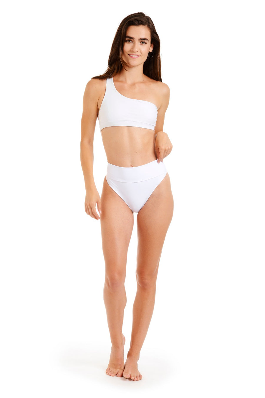 Front view of the tammy white one shoulder bikini top