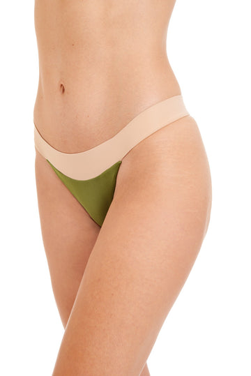 Close up of the front of olive bikini bottoms