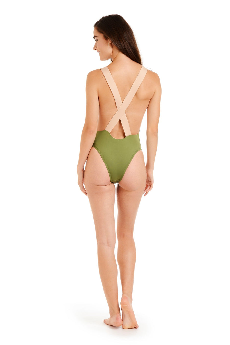 Back view of a woman wearing an olive one piece swimsuit