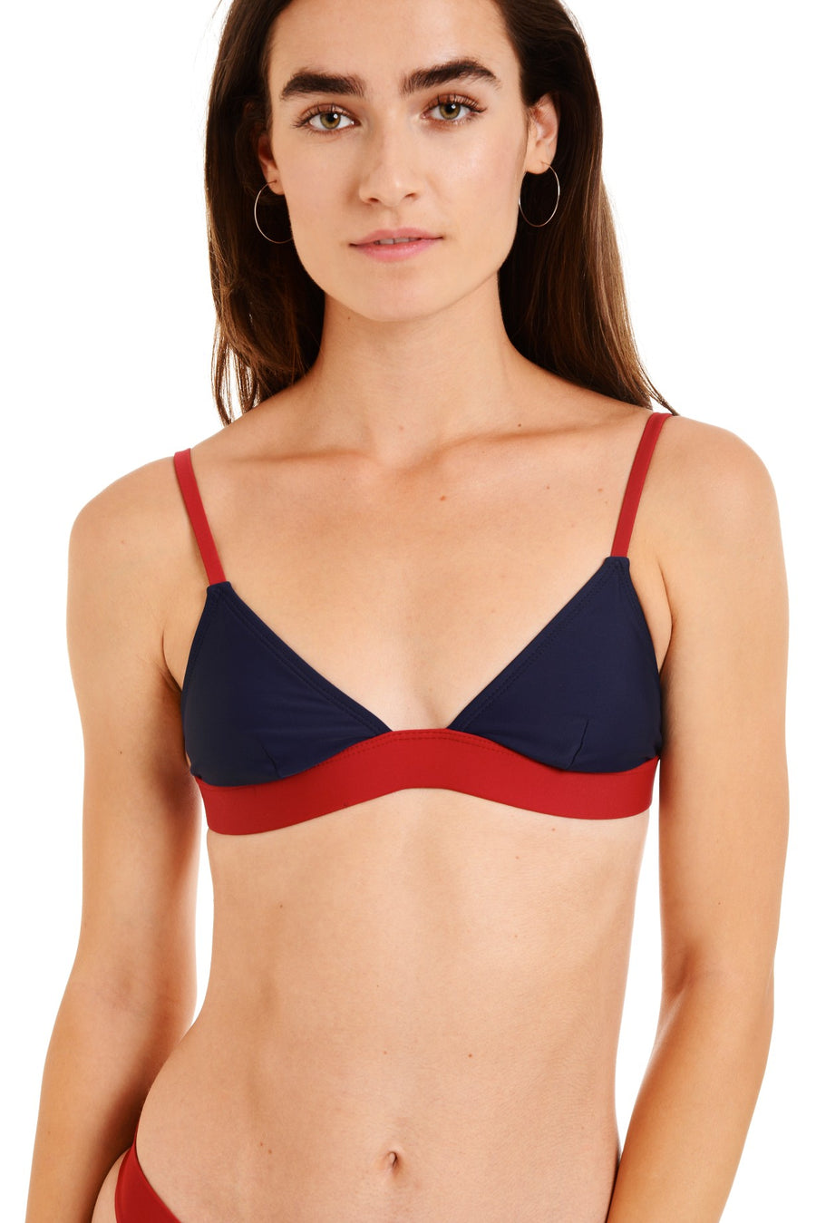 Close up front view of the laura navy red bikini top